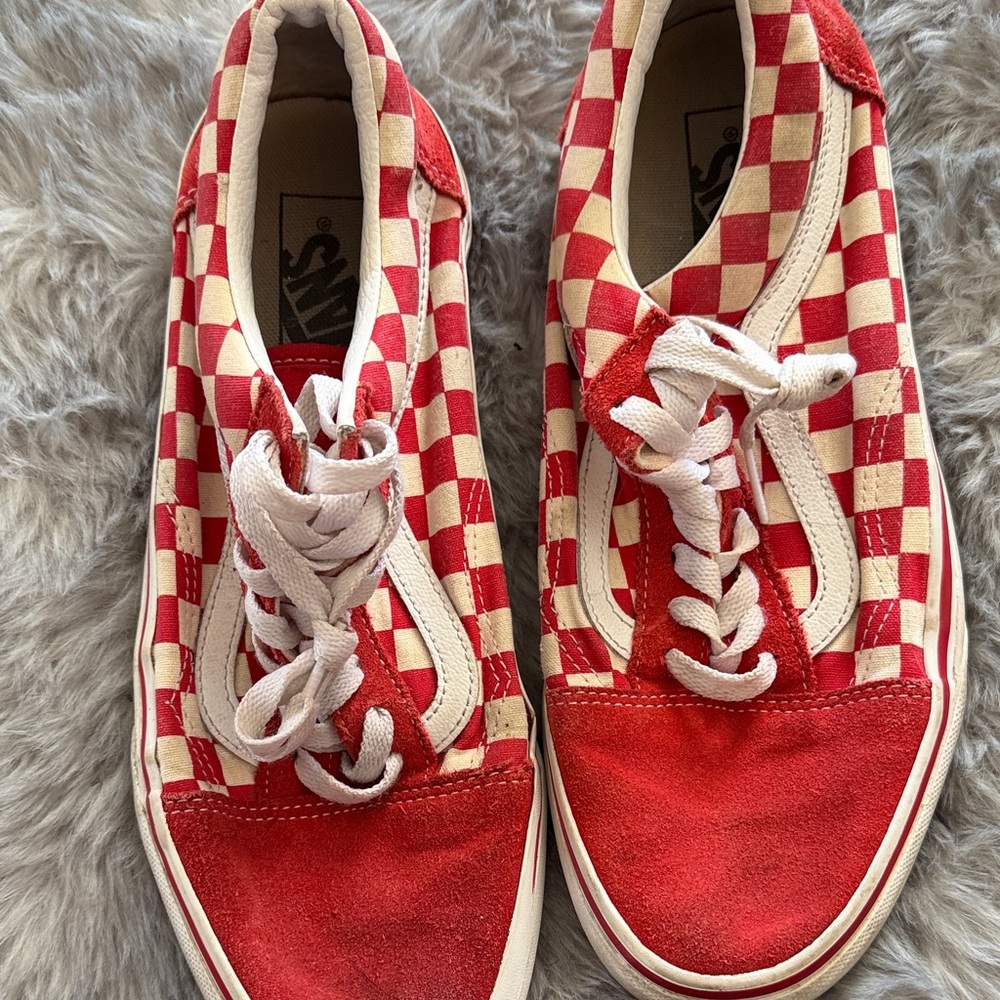 Vans Women's Red and White Checkered Sneakers